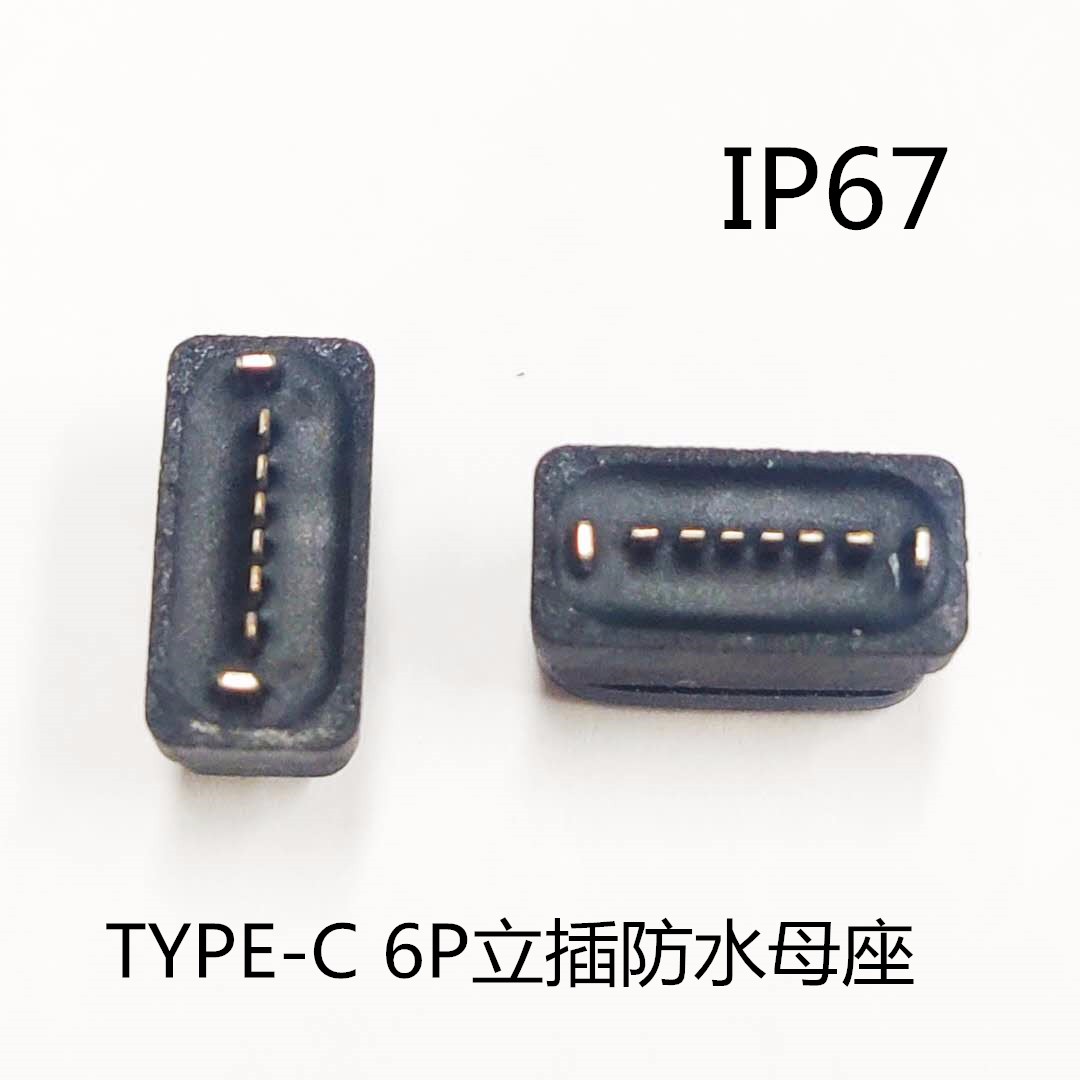 TYPE C 6P防水母座 180度直插短體兩腳 全塑帶防水圈 點(diǎn)膠