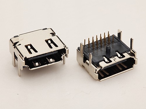 HDMI A型19P母座 90度板上四腳插板+三排針DIP 中間定位柱