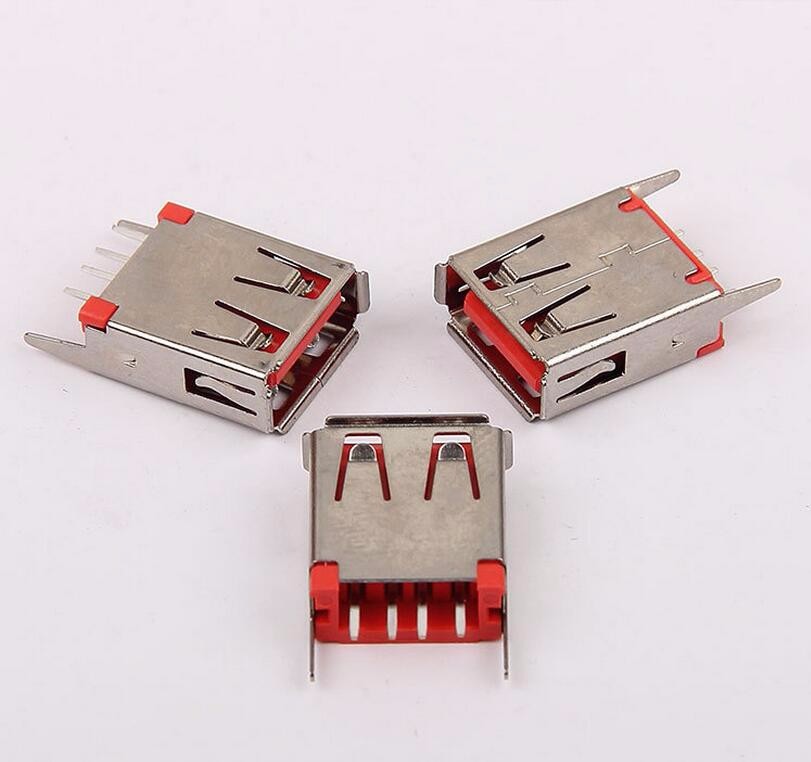USB 2.0母座 15.0H直插180度 卷邊直腳 紅色膠芯