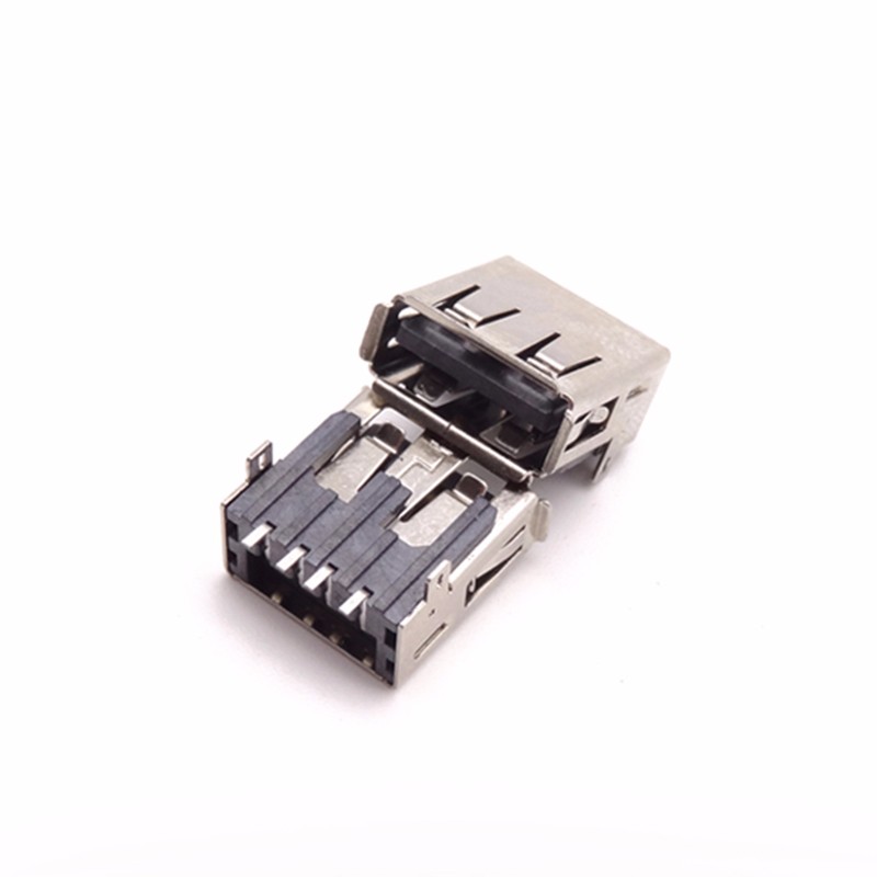 USB 2.0母座 90度13.7長 短腳帶孔插板 針貼片 7.0H高 卷邊黑膠