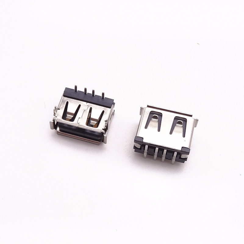 USB 2.0母座 短體10.0前兩腳DIP插板 一字型膠芯 卷邊黑膠