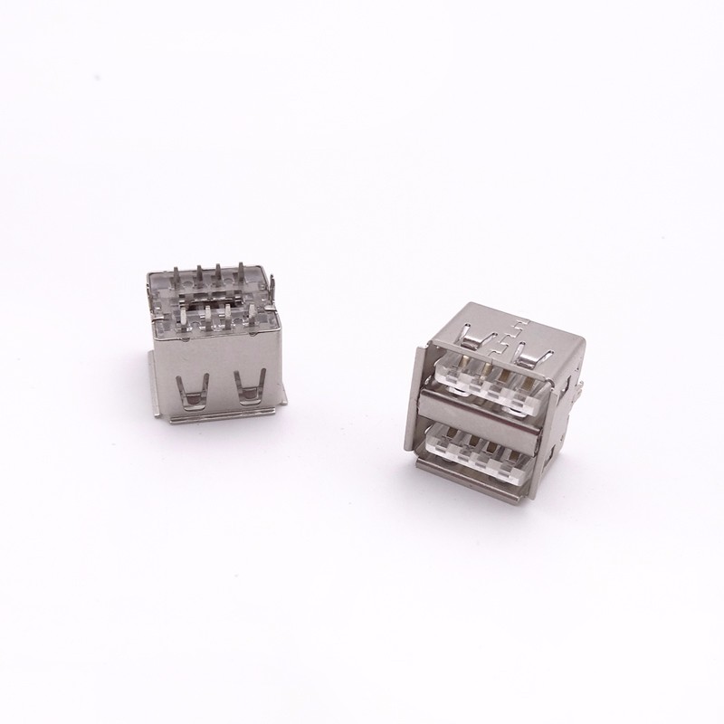 USB 2.0母座 雙層180度直插式 帶卡勾固定腳 直邊白膠